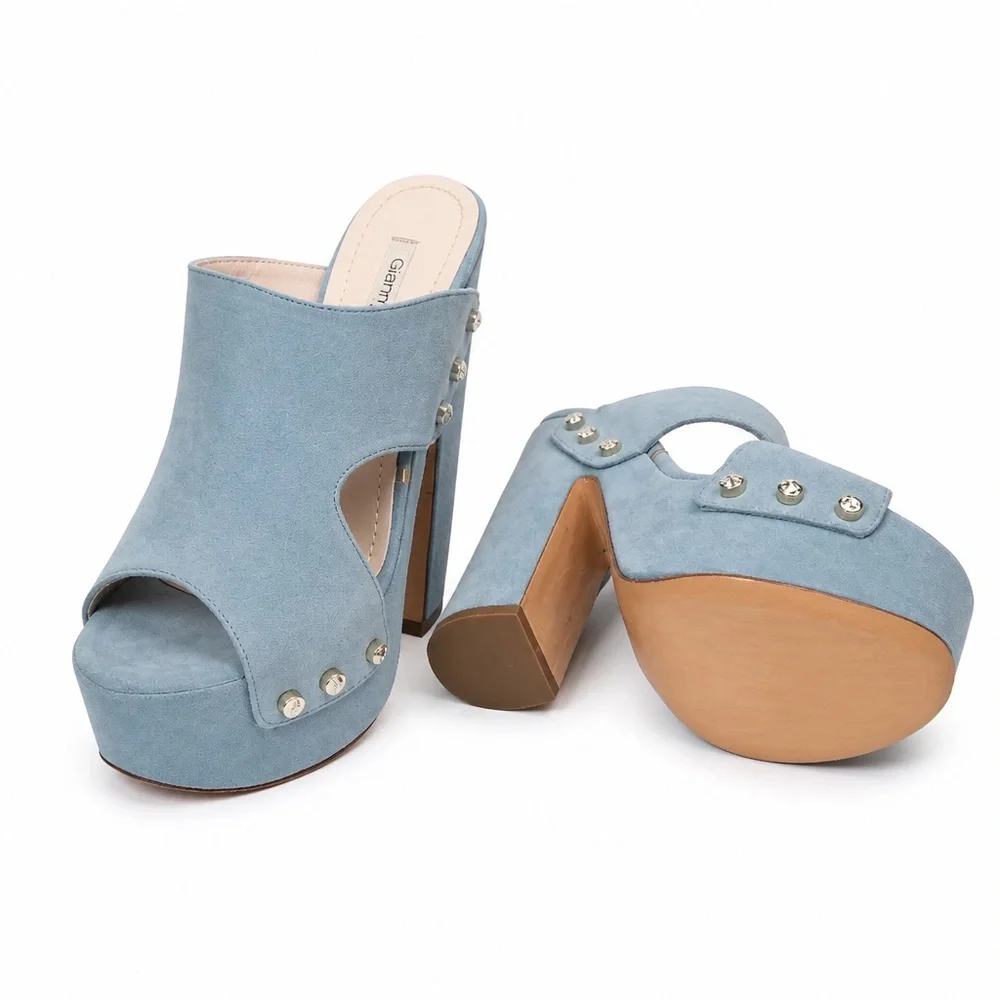 Gianmarco Lorenzi Women’s Powder Blue Suede Studded Platform Comfort Mules